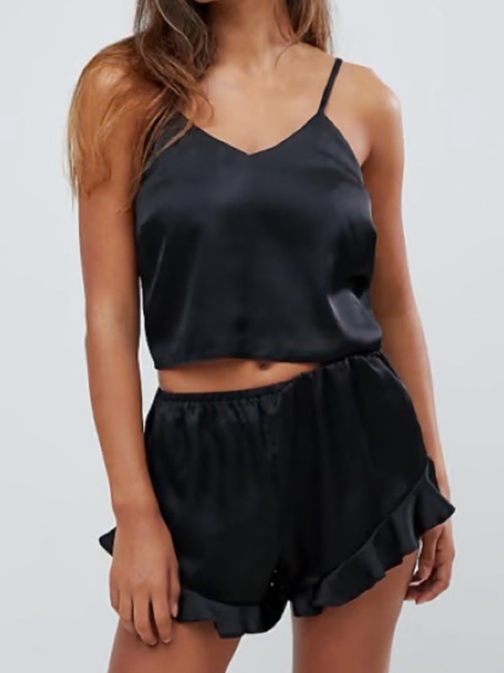 Missguided 0 Black PJ Satin Silk Cropped Cami Ruffle Hem Shorts Sleep Set